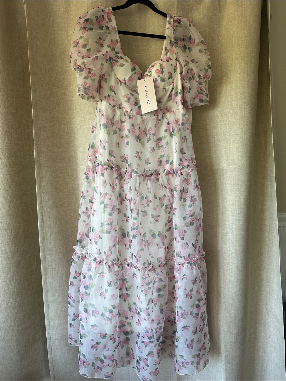Bella Desert White Chiffon Dress with Pink Floral Print Puff Sleeves Sz 8 NWT